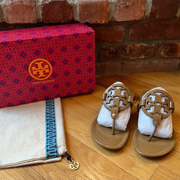 Tory Burch Tan Patent Leather Miller Sandals - Picture 2 of 13